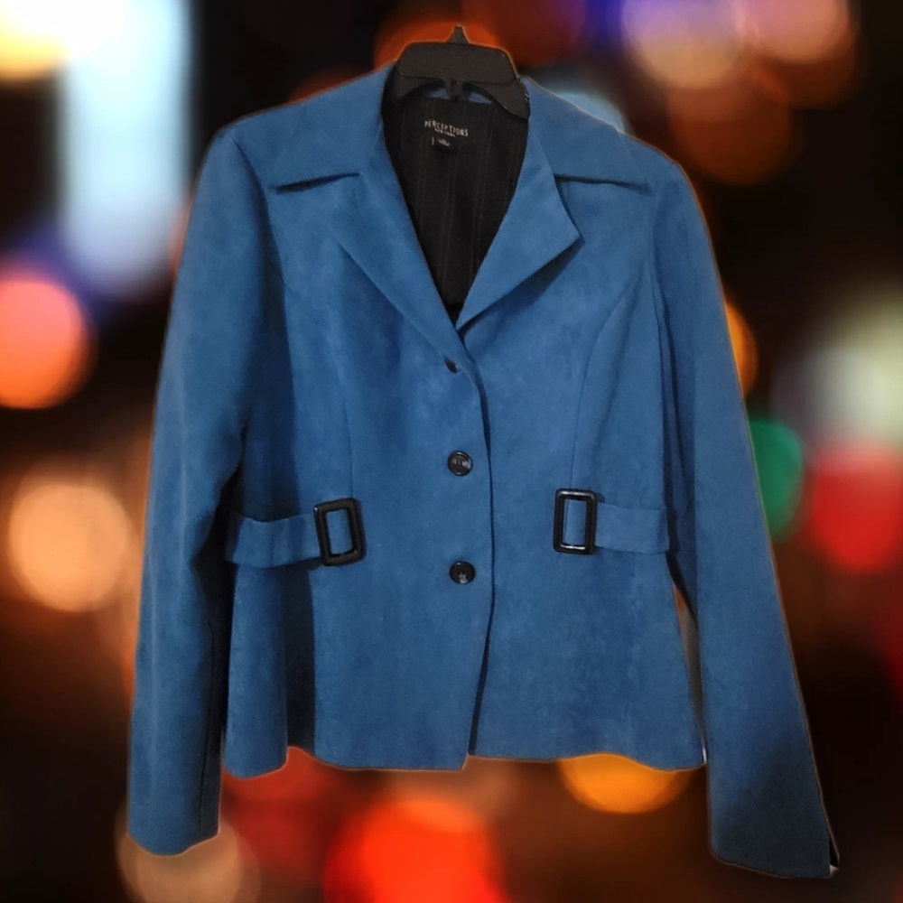 Perceptions Teal Sharp Shoulder Blazer Faux Suede size 12 Vtg - Picture 3 of 10